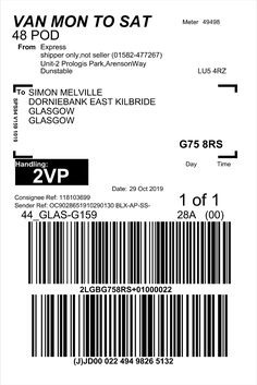 a black and white photo of a barcoded ticket with the words van mon to sat