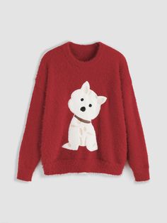 a red sweater with a white dog on it Red Crew Neck Winter Outerwear, Cozy Fit Red Tops For Winter, Red Crew Neck Outerwear For Winter, Red Crew Neck Sweater For Winter, Cozy Red Cotton Sweater, Red Knit Crew Neck Outerwear, Cozy Red Soft Knit Top, Cozy Red Crew Neck Sweater, Trendy Red Cotton Sweater