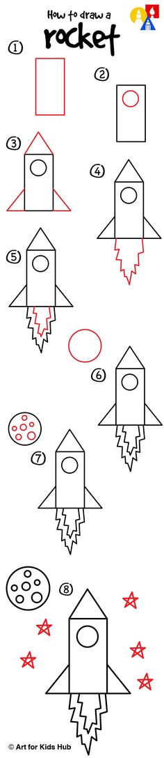 the diagram shows how to draw a rocket with different shapes and sizes, including numbers