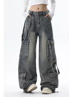 Women Blue Jeans Cargo Pants Acubi Pants, Acubi Jeans, Aesthetic Baggy Jeans, Wide Cargo Pants, Pants Aesthetic, Street Decoration, Y2k Trousers