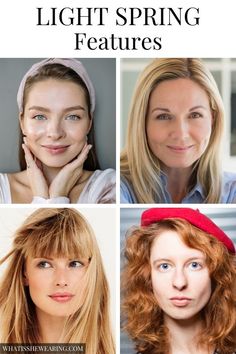 four different pictures of women with red hair and blue eyes, one is looking at the camera