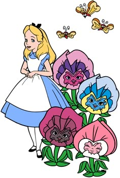 alice in wonderland surrounded by flowers with butterflies flying above her and looking at the ground