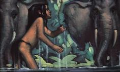 an image of a woman and elephants in the jungle with water coming from her feet