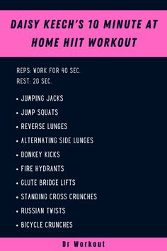 a pink and black poster with the words daisy ketch's 10 minute at home hit workout