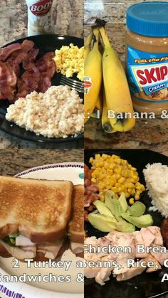 two plates filled with different types of food on top of a granite countertop next to a jar of peanut butter and bananas