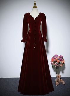 Winter Gown, Velvet Prom Dress, Dress 2022, Long Sleeve Dress Formal, Homecoming Dresses Long, Velvet Maxi, Beaded Prom Dress, Long Evening Gowns, Burgundy Velvet