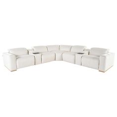 a white leather sectional sofa with reclinings on the back and armrests