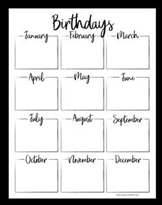 the printable calendar for birthdays is shown in black and white, with handwritten lettering