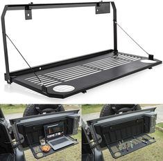 the back end of a vehicle with its cargo compartment open and two pictures showing it