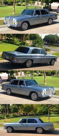 four different pictures of an old car parked on the street