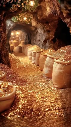 gold colored pots are lined up on the floor in a cave with lights hanging above them