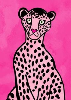 a drawing of a cheetah sitting on top of a pink surface with black dots