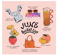 a pink poster with various items that include flowers, strawberries, lemons and juice