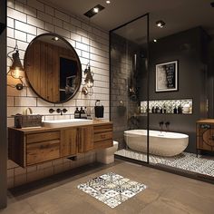 a bathroom with a tub, sink, mirror and tiled flooring in brown tones