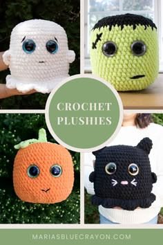 crochet pumpkins with different faces and eyes are featured in this collage