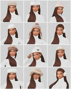 many different images of the same woman's face and hair, all wearing hats