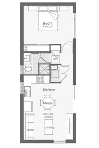 the floor plan for a two bedroom apartment with an attached kitchen and living room area