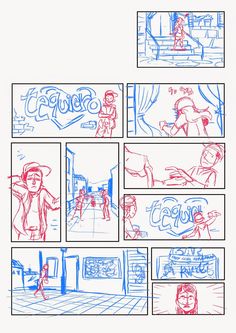 a comic strip with some red and blue ink on the page, while another panel is drawn