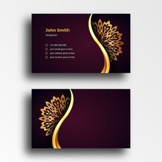 two business cards with golden leaves on purple and black background, one has a gold foil effect