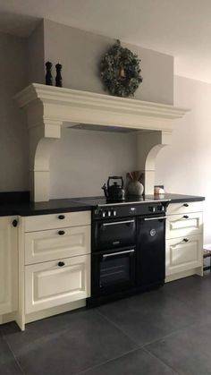 a black stove top oven sitting inside of a kitchen next to a wall mounted oven