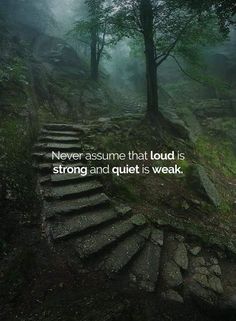 some stairs in the woods with a quote on it that reads never assume that loud is strong and quiet is weak