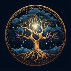 a tree with its roots in the middle of it, surrounded by mountains and stars