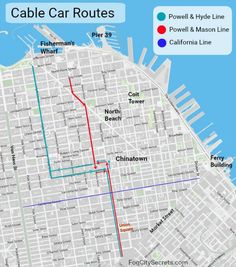 a map showing the route to cable car routes in new york city, with red and blue lines