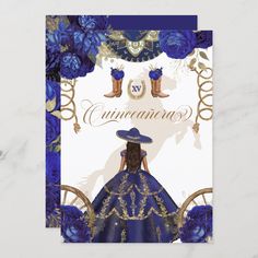 a card with a blue dress and cowboy boots on it, in front of a white background