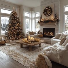 a living room filled with lots of furniture and a christmas tree in front of a fire place