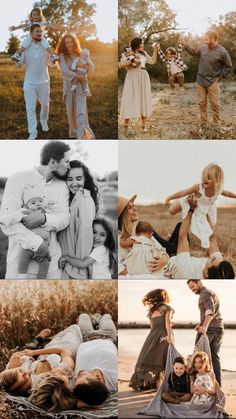 a collage of people and their families posing for pictures in an open field at sunset