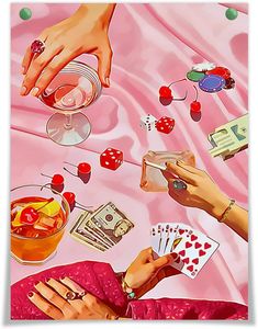 a painting of people playing cards at a table with drinks and money on the table