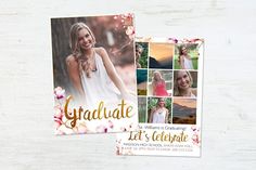 a graduation announcement card with flowers and photos