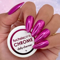 Our Mirror Fuchsia Pink Chrome Powder will give your nails the perfect vibrant hot pink metallic chrome finish. This rich and vivid shade is a great color year-round, but especially perfect for Valentine's day and summer nail designs!Try topping it off with our Velvet Matte No-Wipe Gel Top Coat for a beautiful brushed metallic look. Match the base color with Charme Gel 309 Raspberry Jam for a more vibrant effect. Instructions:Apply base color (optional).Apply a layer of the Daily Charme Chrome E Pink Chrome Nail Powder, Nails Metallic Chrome, Pink Chrome Nails, Summer Nail Designs, Hot Pink Nails, Pink Chrome, Floral Nail Designs, Chrome Powder, Pink Nail Art