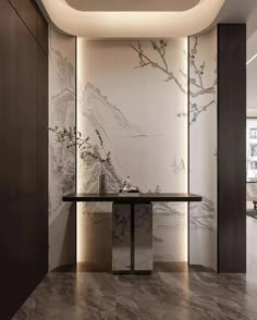 an elegant dining room with marble flooring and wallpaper, along with a large painting on the wall