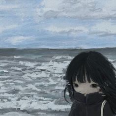 a painting of a girl standing in front of the ocean