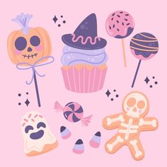 an assortment of halloween treats on a pink background