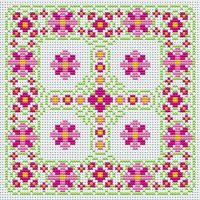 a cross stitch pattern with pink and green flowers on the center, in square format