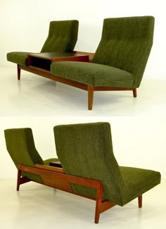 two different views of a green couch with the back section open and one side closed