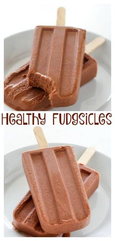 chocolate popsicles on a white plate with the words healthy fudges above them