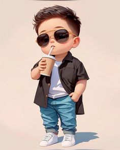 a little boy wearing sunglasses and drinking from a paper cup with a straw in his mouth