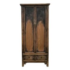 an old wooden armoire with two doors and drawers on one side, against a white background