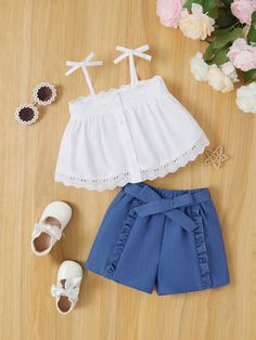 Blue and White  Collar   Colorblock  Embellished Non-Stretch  Baby Girls Clothing White Camisole Top, White Camisole, Sewing Baby Clothes, Lace Trim Tank Top, Girl Shorts, Girl Dress Patterns, Denim Belt, Belted Shorts