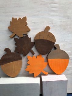 wooden cutouts of leaves and acorns on display