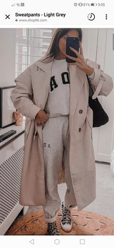 Tracksuit With Trench Coat, Beth Bartram, Wfh Style, 23 Outfit, Vans Classic Old Skool, Traveling Style, Trench Outfit, Grey Tracksuit, Winter Coat Outfits