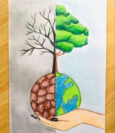 a drawing of a hand holding a tree and a globe with trees growing out of it