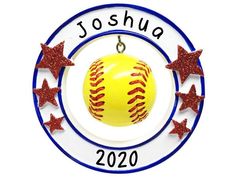 a baseball ornament with red stars around it and the name joshua on it