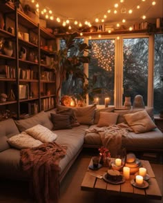 a living room filled with furniture and lots of lights