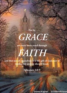 an image of a church with the words for grace and faith written in white on it