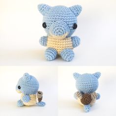 three pictures of small crocheted animals with one holding a snail and the other sitting down