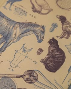 an animal and other things are depicted on the fabric